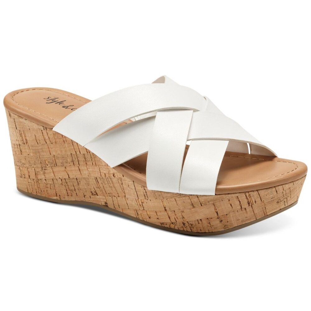 Style & Company Womens Violettee Round Toe Wedge Slip on Heeled Sandal White 7 M